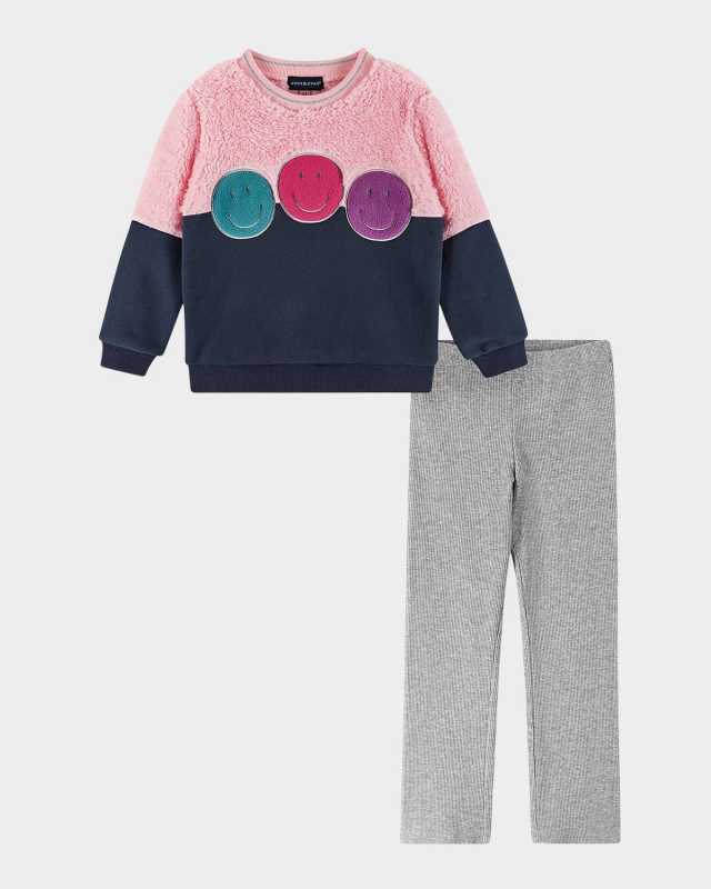 Girl's Sweater W/ Happy Face Patches & Flare Leggings Set, Size 2T-6X